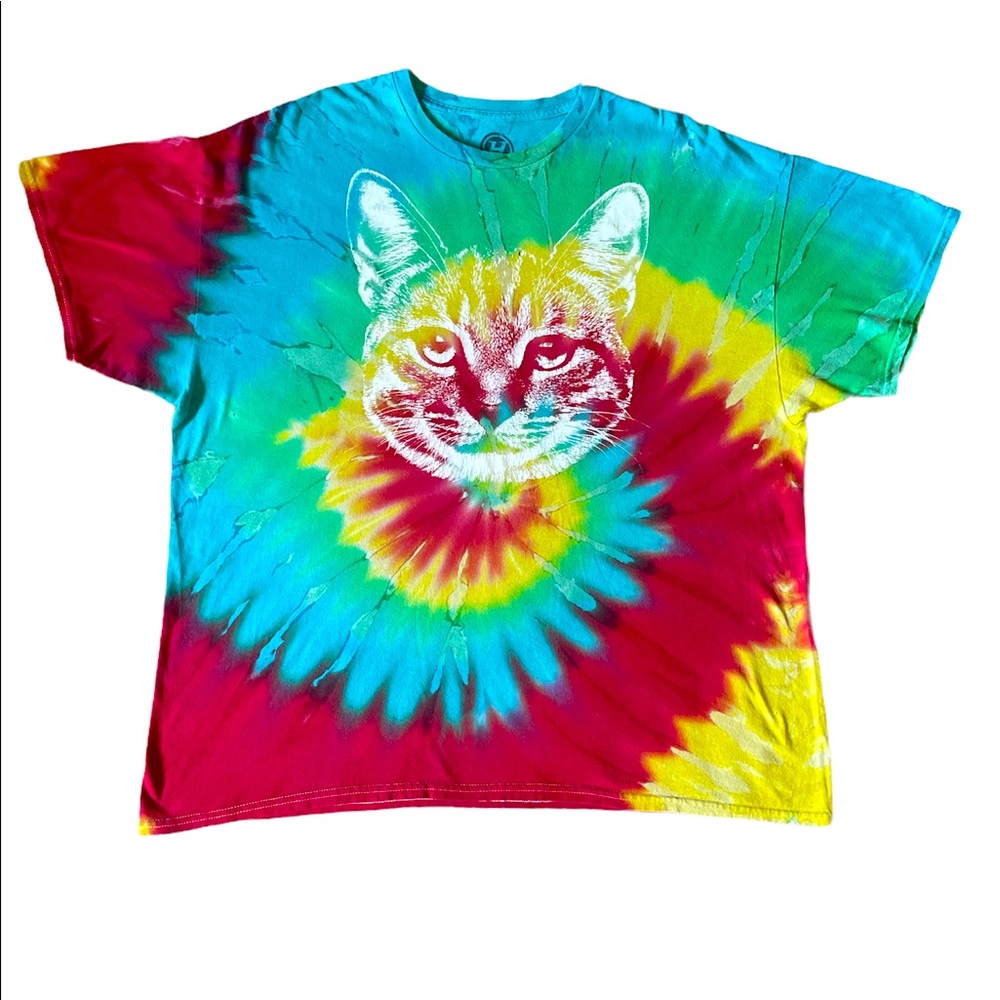 Cat Face Tye Die Short Sleeve Crewneck Tee-Shirt Unisex Size:2XL